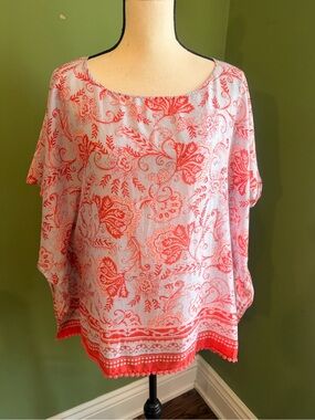 Talbots Paisley Cotton Silk Lightweight Poncho Blouse Women Red Periwinkle
